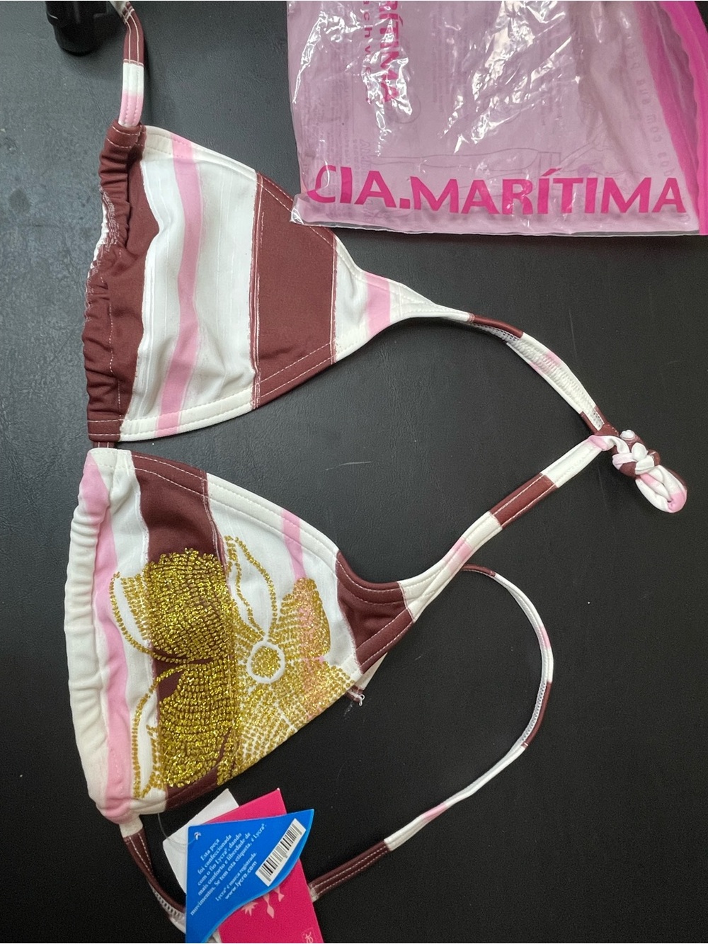 Cia Marítima Pink & Brown Striped Triangle Bikini Top with Gold Beaded Flower